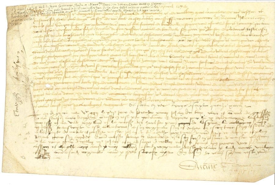 [Marguerite de Rohan, comtesse d'Angoulême (†1497) femme de Jean d'Orléans, comte d'Angoulême, grand-mère de François Ier]. Charte en son nom, 13 avril 1474 ; vélin oblong in-fol.

Vidimus de l'acte de foi et hommage à Marguerite, comtesse d'Angoulême, de François de Bourdeille, écuyer, pour la tour et hostel sis au chastel de la Tour Blanche (actuelle Dordogne) avec la terre, ville et châtellenie en dépendant....