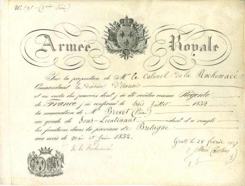 Marie-Caroline, duchesse de BERRY (1798-1870) fille du Roi des Deux-Siciles, épouse du duc de Berry, mère du comte de Chambord, elle tenta en 1832 de soulever la Vendée. P.S., Graz 28 février 1837 ; contresignée par Bernardin de La Rochemacé ; vélin oblong in-fol. en partie gravé, vignettes aux armes, en-tête Armée Royale.

Beau brevet en souvenir du soulèvement légitimiste de 1832. Sur proposition du colonel de La Rochemacé Commandant la division d'Ancenis, en vertu de ses pouvoirs de " Régente de France ", elle confirme la nomination de Pierre Brevet au grade de Sous-Lieutenant " dont il a rempli les fonctions dans la province de Bretagne aux mois de mai et juin 1832 "...