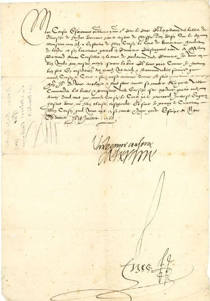 CATHERINE DE MEDICIS (1519-1589) Reine de France, femme d'Henri II, mère de François II, Charles IX et Henri III. L.S. avec compliment autographe " Vre bonne cousine Caterine ", Nérac 31 juillet 1565, au cardinal Demptz ; contresignée par Simon Fizes ; 1 page in-fol., adresse (petites fentes réparées au verso).

Sur l'évêché de Fréjus. Elle écrit au Pape Pie IV pour " lexpedition des bulles de l'evesché de Frejus vaccant par le trespas de messire Leon Ursin [Léon des Ursins (1512-1564)] que le Roy monsieur mon filz a en faveur de mon cousin le Conte de Sommerive chevalier de lordre et son Lieutenant general en Prouvence puisnagueres accorde a Mr Bertrand Roman [Bertrand de Romans, qui sera évêque de 1565 à 1579] Conseiller en la court de parlement dud. Prouvence ", et elle prie le cardinal " en consideration des grandz vertueulz & recommandables services que mond. Cousin le Conte a faictz a ceste couronne [...] de vous employer & tant faire envers Sa saincteté a ce quelle veille commander les bulles & provisions dud. Evesché estre expediees gratis aud. Roman "...