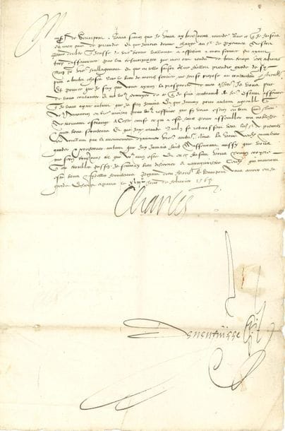 CHARLES IX (1550-1574) Roi de France. L.S., Paris 13 février 1568, à Jean de Senarpont, lieutenant du Roi au gouvernement de Picardie ; contresignée par Nicolas de Neufville ; 1 page in-fol., adresse au verso avec sceau aux armes sous papier.

" Vous scavez que je vous ay tousjours mandé que ce que je faisois en mon pais de Picardie et que javois donné charge au sr de Pyennes nestoit pour doubte que jeusse de vostre bonne vollunté et affection a mon service en ayant trop dasseurance par les tesmoignages que nous ont rendu de tout temps voz actions mais pour vostre soullagement et que en telle saison il ne failloit prendre garde de sy pres a toutes choses que le bien de mond. service ne feust preposé au contantement particullier "... Il l'assure de son affection...
