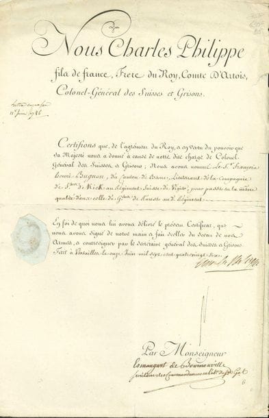 CHARLES X (1757-1836) Roi de France. P.S. " Charles Philippe ", Versailles 11 juin 1786 ; contresignée par Esmangart de Bournonville, secrétaire des commandements ; 1 page grand in-fol. en partie impr., sceau sous papier.

Certificat comme Colonel-général des Suisses et Grisons, pour François Henri Bugnon, du canton de Berne, Lieutenant de la compagnie de Kick au Régiment suisse de Vigier, pour passer en la même qualité dans celle de Rünser.