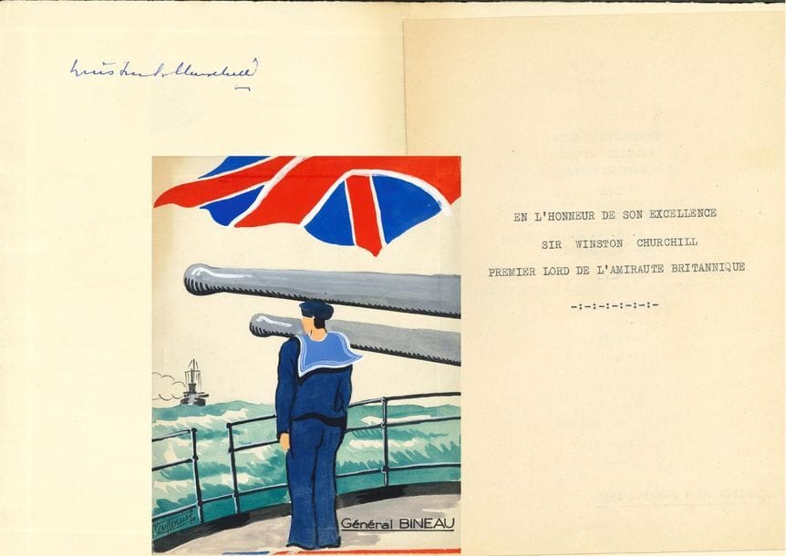 Winston CHURCHILL (1874-1965) le grand homme d'État britannique. P.S., [Paris 6 janvier 1940] ; plaquette in-4 (21,4 x 15,5 cm) de 2 ff. dactylographiés, couv. agrafée illustrée en couleurs.

Menu illustré d'un dîner " en l'honneur de Son Excellence Sir Winston Churchill Premier Lord de l'Amirauté britannique ", signé par lui " Winston S. Churchill ", au nom du " Général Bineau " [Henri Bineau (1873-1944), général de division, directeur du Centre des Hautes Études militaires et membre du Conseil Supérieur de Guerre ; il deviendra chef du cabinet militaire du maréchal Pétain].
La couverture est illustrée en pleine page d'un dessin imprimé colorié au pochoir représentant un marin sur un bâtiment de guerre anglais, un autre navire à l'horizon.