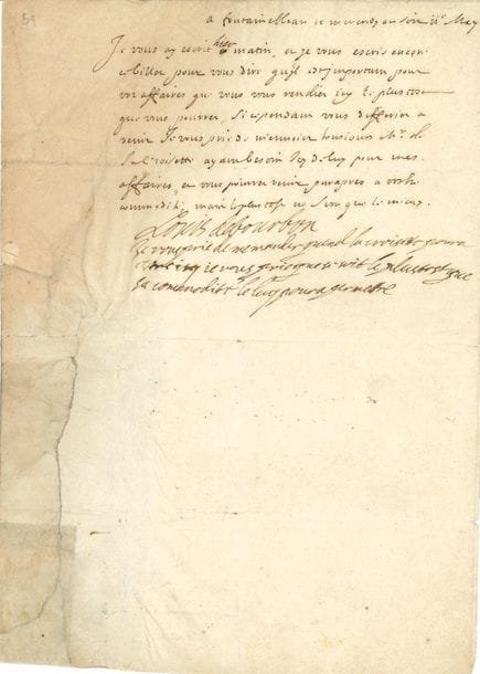 Louis II de Bourbon, prince de CONDÉ (1621-1686) " le Grand Condé ", fameux guerrier. L.S. " Louis de Bourbon " avec 3 lignes autographes, Fontainebleau mercredi soir 11 mai ; demi-page in-4 (déchirée et réparée). 
On joint une P.S. de son fils, Henri-Jules de Bourbon (1643-1709), duc d'Enghien, Grand Maître de France, Paris 30 septembre 1665.

Il écrit à nouveau " pour vous dire qu'il est important pour vos affaires que vous vous rendiez icy le plus tost que vous pourrez, si cependant vous differiez a venir je vous prie de m'envoier tousjours Mr de La Croisette ayant besoin icy de luy pour mes affaires, et vous pourrez venir par apres a vostre commodité, mais le plus tost ne sera que le mieux "... Il ajoute de sa main : " Je vous prie de me mander quand La Croisette poura estre icy je vous prie que ce soit le plus tost que sa commodité le luy poura permettre "...