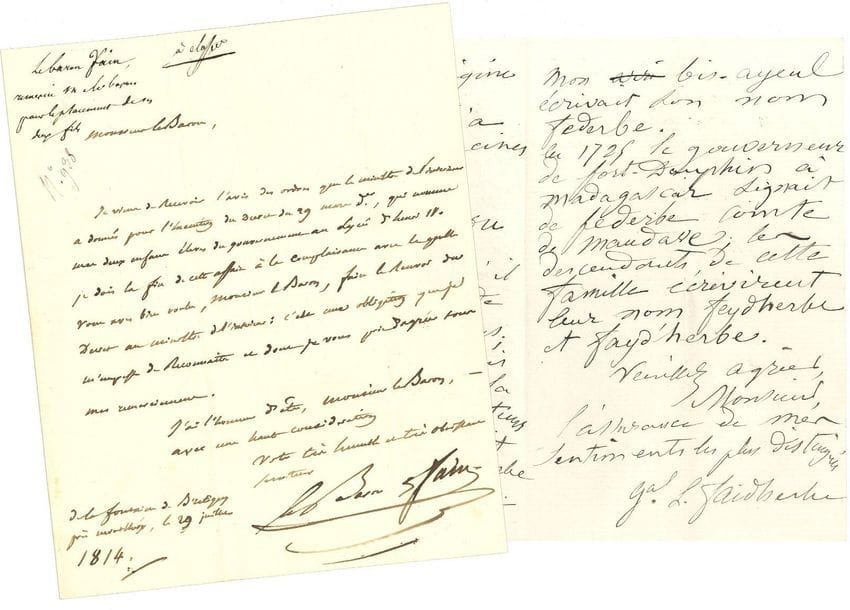 DIVERS. 6 lettres ou pièces, la plupart L.A.S. ou L.S.

Lazare Carnot (1796), Nicolas Changarnier (1872), Louis Faidherbe (1875, sur son patronyme), baron Fain (1814), Jean-Marie de Villaret-Joyeuse (1819), etc.