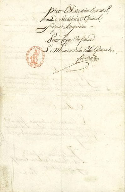 Joseph FOUCHÉ (1759-1820) ministre de la Police. P.S., Paris 11 brumaire VIII (2 novembre 1799) ; 3 pages et demie in-fol., en-tête et cachet encre du Ministère de la Police générale, petite vignette.

Extrait des registres des délibérations du Directoire exécutif, donnant l'arrêté de radiation définitive de la liste des émigrés de François-Marie Clément, capitaine au 19e régiment de chasseurs à cheval, et la levée du séquestre apposé sur ses biens " s'il n'est père d'émigré "...