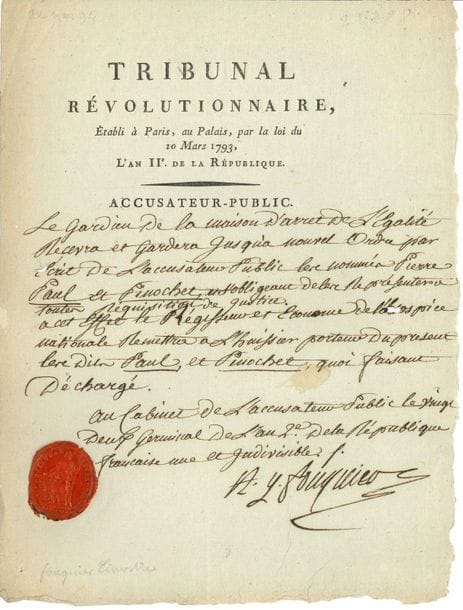 Antoine-Quentin FOUQUIER-TINVILLE. P.S. " A.Q. Fouquier ", au Cabinet de l'Accusateur public 22 germinal II (11 avril 1794) ; 1 page in-4, à en-tête Tribunal révolutionnaire et sceau de cire rouge du Tribunal révolutionnaire.

" Le gardien de la maison d'arret de l'Egalité recevra et gardera jusqu'à nouvel ordre par ecrit de l'accusateur public les nommés Pierre Paul et Pinochet, et s'obligeant de les représenter a toutes réquisition de justice. A cet effet le Régisseur et Econome de l'hospice nationale remettra a l'huissier porteur du present les dits Paul et Pinochet "...