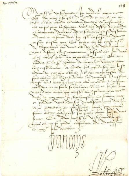 FRANÇOIS Ier (1494-1547) Roi de France. L.S. " Francoys ", Amboise 19 octobre [1519], au Vice-Chancelier de Milan Jean de Selve ; contresignée par Florimond Robertet ; 1 page in-fol., adresse au verso.

Au sujet de la seigneurie de Casalmaggiore (" Casalmaiour ")... " si le Sgr Theodore de Trevoulx [Trivulzio] voulloit avoir led Casalmaiour, et bailler les xxm escuz que le Sgr Ludovic de Gonzague a baillez, je le trouveroys tresbon, et serois content que ledit Casalmaiour luy demourast "...