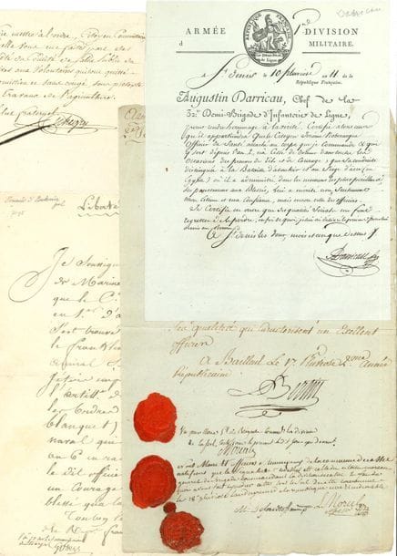 GÉNÉRAUX. 7 L.S. ou P.S., 1789-1803.

Antoine Aubugeois (copie conforme d'une lettre adressée de Suisse à l'aide de camp du prince de Condé, Q.G. à Hottenburg 1795), Adam-Philippe de Custine (copie conforme d'une lettre concernant des enrôlés suspects, 1793), Augustin Darricau (certificat pour un officier de santé qui a soigné les blessés dans les moments les plus périlleux à Aboukir et Acre, 1803), Balthazar Emond d'Esclevin (certificat pour un lieutenant en 1er d'artillerie de marine qui s'est comporté avec un courage remarquable à Aboukir, 1799), Jean-Victor Moreau (certificat de service, signée aussi par Nicolas Bertin, 1794), Jean-Charles Pichegru (relative à un arrêté du Comité de Salut public), Charles-François marquis de Sombreuil (à d'Angenoust, 4 juillet 1789, suivie d'une l. de celui-ci relative au déplacement, par précaution, d'armes aux Invalides).