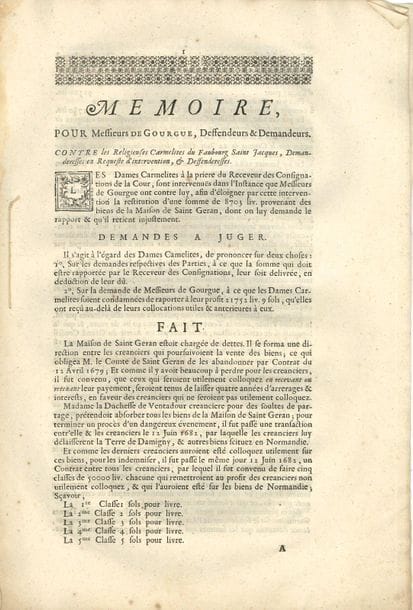 Famille de GOURGUES. 4 factums et mémoires impr., XVIIIe s. ; in-fol.

Concernant le marquisat d'Aulnay, la baronnie d'Oléron, et la maison de Saint-Géran.