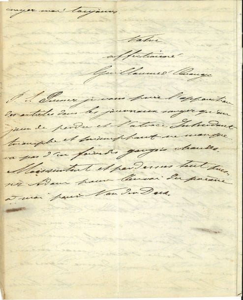 guillaume iii (1817-1890) Roi des Pays-Bas. L.A.S., La Haye 5 février 1848, à Eugène Vivier ; 4 pages in-4.

Il demande " un grand et véritable service ", Chollet disant " qu'il ne peut pas monter l'opéra de Mr Van der Does Flavinde dont vous avez entendu et apprécié le mérite. Ce refus de Chollet ne se base pas sur une désappréciation dans le sens du mérite artistique mais sur les moyens d'argent qu'il lui faudrait pour le monter convenablement ". Il prie Chollet " d'envoyer à Brandus l'ouverture pour piano et orchestre ainsi que le 1er acte également pour piano et orchestre afin que Brandus ait la bonté de les garder en dépôt [...] et que Mr Brandus permette ensuite de lui envoyer les autres actes aussitôt finis "... Il est bien triste pour son pauvre jeune homme, qui sait cependant qu'il ne l'abandonnera jamais : il mettra " de la ténacité à faire réussir un jeune artiste national aussi méritant que Mr Van den Does "...