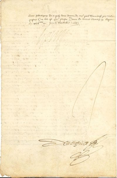 HENRI III. L.S. " Henry ", Saint-Germain-en-Laye 29 novembre 1583, aux gens des états du diocèse d'Albi ; contresignée par Nicolas de Neufville ; 2 pages in-fol., adresse.

Sur la perception de la taille, alors que l'Assemblée des Notables convoquée pour examiner des propositions de réforme vient seulement de s'ouvrir (18 novembre).
L'intention du Roi était de faire convoquer cette année, comme dans les années précédentes, les états généraux du Languedoc, pour demander et requérir les sommes de deniers que le pays doit porter pour subvenir aux affaires et dépenses du royaume. Mais désirant voir la fin de l'assemblée des princes, seigneurs et conseillers, et d'" entendre le raport des aultres personnages de nostre dit conseil et de noz courtz souveraines que nous avons cydevant envoyez par toutes les provinces de nostre Royaulme pour sinformer de lestat de toutes choses ", le temps de la convocation sera bientôt expiré. " Nous avons advisé tant pour ceste occasion que pour les desordres & la malice du temps de la differer pour ceste année seullement sans tirer a consequence " : on ne fera pas faire convoquer les assiettes par les président et trésoriers généraux de France dans les bureaux du pays. Mais il ne s'agit pas de déroger aux privilèges des pays, " ny moings y prejudicier. [...] nous navons aultre volonté que de les entretenir inviolablement "... Aussi, " enjoignons tres expressement que sans vous arrester a ce que lad. convocation destatz generaulx na este faicte vous ayez a obeyr sans difficulté ny reffuz aux impositions & assiettes qui seront faictes desd. sommes contenues en nosd. commissions par lesd. president & Tresoriers Generaulx de France [...] et si pour lesd. impositions & assiettes il est besoing de vous assembler de le fere aussi sans aulcune difficulte tenant la main de vostre part que chacun de noz subjectz de vostre diocese y obeisse paye & contribue les sommes de deniers desquelles ilz seront cottisez [...]. Et au surplus vivre & vo