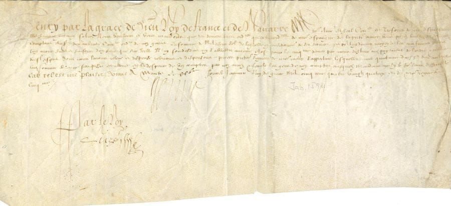 HENRI IV (1553-1610) Roi de France. 2 P.S., 1594, pour le conseiller, trésorier de ses épargnes François Hotman ; contresignées par son secrétaire d'État Martin Ruzé ; vélins oblong in-fol.

Mantes 25 janvier. Ordre de payer mil écus soleil au sieur de Laubrière, conseiller ordinaire des guerres, en considération de ses services... Paris 22 septembre 1594. Ordre de payer 4316 écus sol à son conseiller Antoine de Loménie " pour la pension quil nous plaist luy donner "...