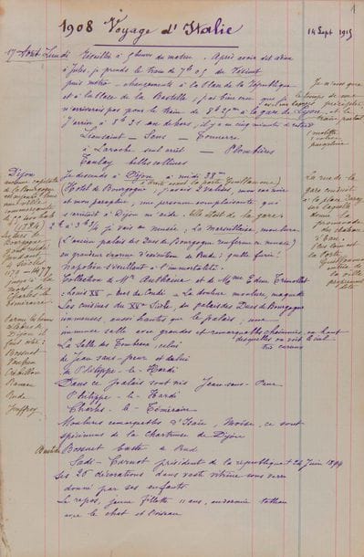 Voyage en ITALIE. Manuscrit, 1908 Voyage d'Italie, 1915-1916 ; registre comptable in-fol. de 181 pages, reliure cartonnée, coin de parchemin vert, dos basane verte. 
On joint un petit manuscrit de 23 pages in-12, probablement les notes de voyage d'après lesquelles a été rédigé le grand cahier.

Journal et notes d'un voyage en Italie, fait du 17 août au 2 octobre 1908, et rédigé du 14 septembre 1915 à novembre 1916, depuis Le Vésinet, en région parisienne : étapes à Dijon, Lyon, Marseille, Cannes, Nice, Vintimille, Gênes, Pise, Florence, Rome, Naples, Pompéi, Bologne, Padoue, Venise, Vérone, Milan, Turin... Précisions historiques et nombreux détails sur les sites et monuments, les musées, les églises, les moyens de transport, les hôtels, le temps, quelques rencontres de personnes ; à partir de Vintimille, l'auteur est accompagné par Julia (probablement sa fille). Le récit s'interrompt brusquement : le soir du 2 octobre 1908, alors qu'ils étaient montés au salon de l'hôtel Bonne Femme et Métropole de Turin pour écrire, le voyageur reçoit " une foudroyante nouvelle "...