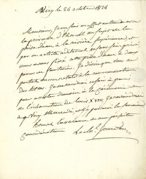 Jean-Baptiste JOURDAN (1762-1833) maréchal de France. 4 L.A.S., Viry 1824-1825, à M. Lerembert, notaire royal à Corbeil ; 3 pages et demie in-4, adresses.

À propos du domaine de Pied-de-Fer à Viry, propriété du maréchal Davout, prince d'Eckmühl, qui le loua à Jourdan. 16 août 1824. " J'ai vu Madame la Princesse d'Ekmuhl ; nous sommes d'accord sur tous les articles. Il est nécessaire que vous soyez ici demain à huit heures du matin avec le projet d'acte que vous avez rédigé, afin d'y faire les changemens nécessaires, et de le mettre en état d'être signé dans la journée [...], sans quoi on ne pourait plus obtenir, avant les vacances, le jugement dont on a besoin "... 24 octobre 1824. Il s'est entendu avec la princesse au sujet de la prise d'eau à la rivière supérieure, " et par un article aditionnel au sous sein privé, nous avons fixé cette prise d'eau à deux pouces de fontenier. Je désire que vous ne portiez aucun retard à la communication des titres. Je me rendrai ce soir à Paris pour assister demain à la cérémonie de l'inhumation de Louis XVIII "... 28 janvier 1825. Il se propose d'aller à Viry le 31 pour déménager ses meubles. " S'il ne vous est pas possible d'y passer pour me remettre les titres du domaine de Pied de Fer, je vous prie de les laisser au porteur de mon hôtel à Paris "...