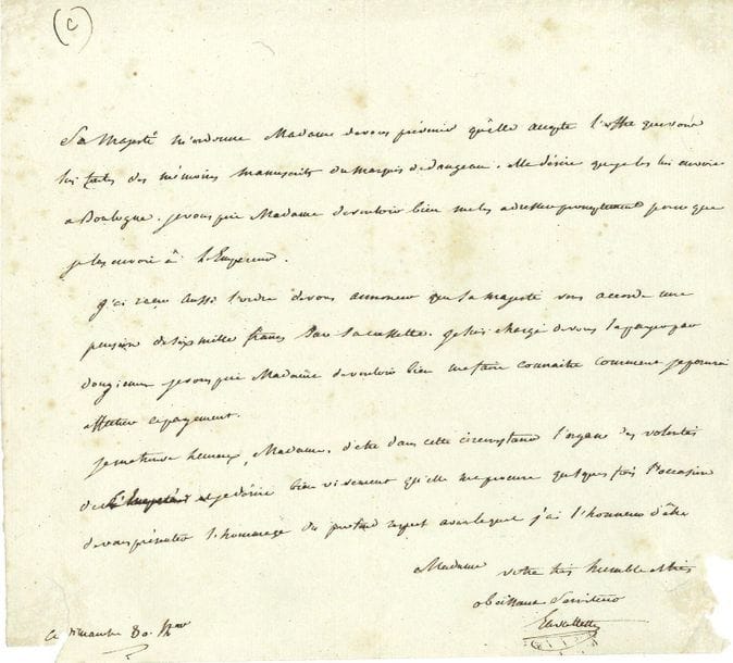 Antoine Marie de LAVALETTE (1769-1830) homme politique, Directeur des Postes sous l'Empire, sauvé par sa femme de la prison. L.A.S., 30 novembre [1806, à Madame de Genlis ?] ; 1 page in-4 (petits manques aux coins).

" Sa Majesté m'ordonne Madame de vous prévenir qu'elle accepte l'offre que vous lui faites des mémoires manuscrits du marquis de Dangeau. Elle désire que je les lui envoie à Boulogne. Je vous prie Madame de vouloir bien me les adresser promptement pour que je les envoie à l'Empereur. J'ai reçu aussi l'ordre de vous annoncer que Sa Majesté vous accorde une pension de six mille francs sur sa cassette "...