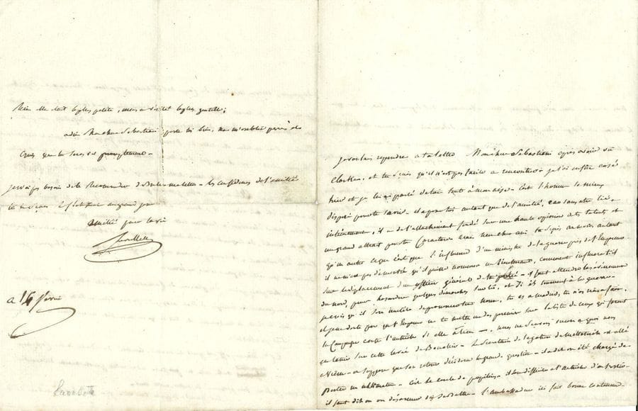 Antoine-Marie de lavalette (1769-1830) homme politique, directeur des Postes sous l'Empire, sauvé par sa femme de la prison. L.A.S., 14 février [1809], au général Sébastiani ; 4 pages in-4 (petite fente à un pli). 
On joint 4 documents sur " l'affaire Lavalette " aux Cent Jours : une L.A.S. de dénonciation du Président Séguier au procureur général, 12 septembre 1815 ; et 3 imprimés : un signalement, sa Vie politique et militaire, et une Relation de la fuite de M. Lavalette par Dupin, avocat, avec traduction italienne. Plus le livre de Georges d'Heylli, L'Évasion de La Valette (1815), documents inédits (Rouquette, 1891, tiré à200 ex., demi-reliure).

Longue lettre confidentielle écrite quelques semaines avant le début de l'offensive autrichienne, et sur la disgrâce de Talleyrand.
Il a enfin vu Clarke, qui est l'homme le mieux disposé à son égard, mais pour obtenir son déplacement il faudra attendre les événements du Nord : " tu es à Madrid, tu n'as rien à faire, et je ne doute pas que l'Empereur ne te mette un des premiers sur la liste de ceux qui feront la campagne contre l'Autriche si elle a lieu "... Il rapporte ce que l'on sait et ce que l'on suppose d'une mission à Vienne du secrétaire de légation de Metternich, puis parle des préparatifs français : " Nous armons, nous nous préparons mais a la maniere de l'Empereur - c'est a dire que le terrain est désigné dans sa tête, les mouvemens déterminés, les heures calculées et tout s'ebranlera au premier signe "... Le maréchal Davout serait venu " pour recevoir les derniers ordres "... Lavalette déplore l'ignorance et les fausses comparaisons des bavards : " Battue des Russes, à la bonne heure. Mais une nation si brave il y a cent cinquante ans, si valereuse sous de grands monarques, et qui combat pour les princes et son dieu, c'est impossible - s'il y a douze millions d'habitans, il y a donc huit cens mille combattans, le calcul est clair - et des gens écrasés par une révolution du peuple, encore meurtris d