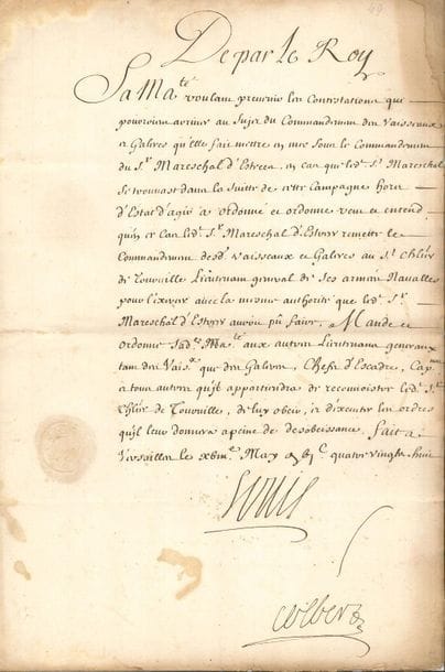 LOUIS XIV (1638-1715). P.S. (secrétaire), Versailles 18 mai 1688 ; contresignée par son secrétaire d'État à la Marine, Jean-Baptiste Colbert, marquis de Seignelay ; 1 page grand in-fol., sceau aux armes sous papier.

Nomination de Tourville comme suppléant au commandement de la flotte en Méditerranée. " Sa Maté voulant prevenir les contestations qui pourroient arriver au sujet du commandement des vaisseaux de galeres qu'Elle fait mettre en mer sous le commandement du Sr Mareschal d'Estrees, en cas que ledt sr Mareschal se trouvast dans la suitte de cette campagne hors d'estat d'agir a ordonné et ordonne veut et entend qu'en ce cas ledt sr Mareschal d'Estrees remette le commandement desd. vaisseaux et galeres au sr chlier de Tourville Lieutenant general de ses armées navalles pour l'exercer avec la mesme authorité que ledt sr Mareschal d'Estrees auroit pû faire "... Sa Majesté ordonne aux autres lieutenants généraux des vaisseaux et des galères, aux chefs d'escadre, capitaines et autres de reconnaître Tourville, " de luy obeir, et d'executer les ordres qu'il leur donnera a peine de desobeissance "...