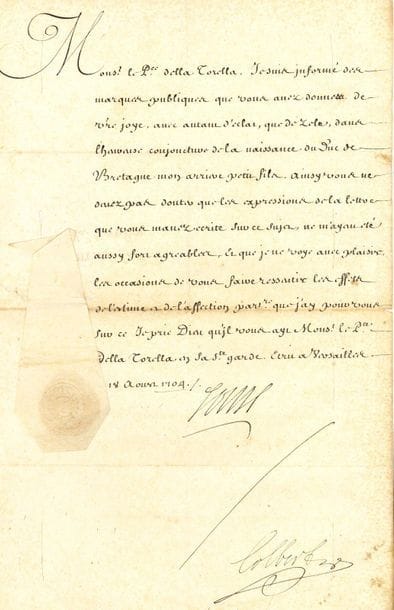 LOUIS XIV. 4 L.S. (secrétaire), Paris et Versailles 1670-1704 ; la plupart contresignées par son secrétaire d'État de la Guerre, François-Michel Le Tellier, ou par son secrétaire d'État des Affaires étrangères, Jean-Baptiste Colbert de Torcy ; 1 page in-fol. ou in-4 chaque, adresses (défauts).

18 décembre 1670, au capitaine Montfort, pour faire reconnaître Le Juge dans la charge de lieutenant en la compagnie qu'il commande dans le régiment d'infanterie du Lyonnais... 15 août 1674, au marquis de Montgaillard, colonel du régiment de Champagne, pour faire reconnaître D'Amont dans la charge de lieutenant en la compagnie de Lucas... 30 janvier 1698, au cardinal Coloredo. Le Roi est persuadé que sa piété et son zèle pour l'Église lui ont fait prendre intérêt au rétablissement de la paix, " et aux avantages qui en resultent pour toute la Chretienté "... 18 août 1704, au prince della Torrella, gratitude des marques publiques de joie données à la naissance du duc de Bretagne " mon arriere petit fils "...