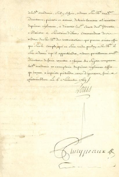 LOUIS XV. P.S. (secrétaire), Fontainebleau 6 novembre 1769 ; contresignée par Phelypeaux ; 2 pages in-fol. (petites salissures).

Sur l'Opéra. Sa Majesté ayant reconnu des omissions dans les règlements de l'Académie royale de musique, " fait déffenses expresse a touts les sujets composant lad. academie Royale de musique de s'absenter les jours de représentation ou de répetition, soit générale ou particuliere [...] sans en avoir prévenu et obtenu le consentement des Directeurs ", sous peine d'être privé d'un mois d'appointements " et de plus grande peine, en cas de récidive, même d'etre renvoyés "...