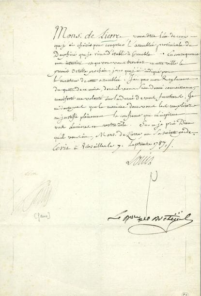 LOUIS XVI. L.S. " Louis " (secrétaire), Versailles 7 septembre 1787, à " Mons. de Lierre, avocat, à La Tour du Pin " [Léonard-Joseph Prunelle de Lière, futur maire de Grenoble et futur conventionnel] ; 1 page in-fol., adresse (une signature apocryphe effacée).

Convocation à l'ouverture de l'Assemblée du Dauphiné le 1er octobre : " vous êtes l'un de ceux que j'ai choisis pour composer l'assemblée provinciale du Dauphiné que je viens d'établir à Grenoble "...