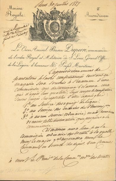 marine. 8 L.A.S., L.S. ou P.S., fin XVIIIe-XIXe siècle.

Charles Baudin (recommandation du Dr Kessler, médecin de la Reine de Portugal), Amédée-Anatole Courbet (en-tête Escadre de l'Extrême-Orient. Vice-Amiral Commandant en chef), Guy-Victor Duperré (à son en-tête et aux armes royales), Benoît-Georges de Najac (ordonnateur de la Marine à Brest, belle vignette Liberté des mers), Alexis Pothuau (commandant supérieur des Forts du Sud, à un général, 1870), Paul Servan (plainte d'être déchu de son commandement en chef de la division navale de l'Atlantique). Plus un certificat signé par plus de 60 officiers de la Marine en faveur de l'amiral Honoré Ganteaume, calomnié (Toulon, 1815), et un document signé par des administrateurs maritimes et civils de Port-la-Montagne, relatif aux défenseurs de la patrie du Censeur (Toulon, 1795).