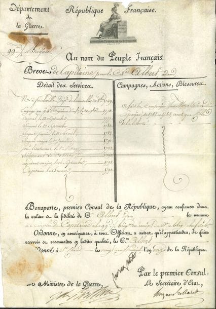 NAPOLÉON Ier (1769-1821). P.S. " Bonaparte " (secrétaire), Saint-Cloud 29 prairial XI (18 juin 1803) ; contresignée par Hugues B. Maret, secrétaire d'État, et Alexandre Berthier, ministre de la Guerre ; vélin in-fol. en partie impr., en-tête Département de la Guerre, vignette gravée, sceau sous papier.

Brevet de capitaine à la 99e demi-brigade pour le citoyen Adam Albert, né en 1749 à Farschvillers (Moselle), ayant " fait les campagnes sur Mer et en Espagne, de 1782 et 1783, ainsi que celles de la liberté "...