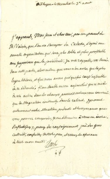 Jean-Nicolas PACHE (1746-1823) ministre de la Guerre, puis Maire de Paris. L.A.S., Thin-le-Moutier, à un " jeune et cher ami " ; 1 page in-8. 
On joint une L.S. comme Maire de Paris relative aux émigrés, Paris 19 avril 1793.

Il apprend par un parent de M. Vaison " que l'on va s'occuper du Cadastre, d'après une nouvelle organisation qui sera plus solide et plus profitable aux ingenieurs que la précédente. Je me rappelle vos succès dans cette partie, alors même que vous n'en aviez que la plus legere théorie, et que nous avons quelquefois causé ensemble de ce débouché. Il me semble encore aujourd'hui que ce mode de vie active dans les champs pourroit mieux vous convenir que la stagnation continuelle dans le cabinet "...