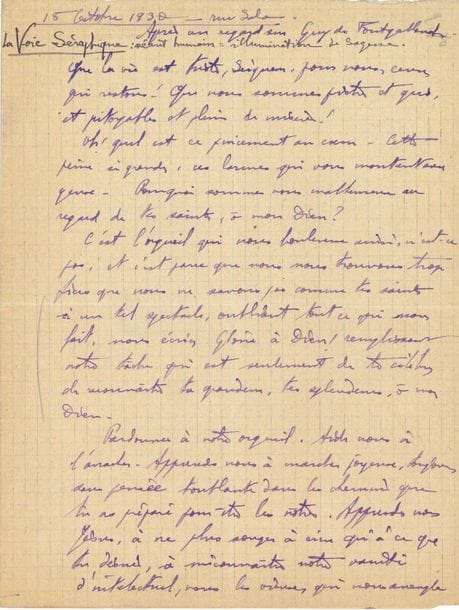 Henri Grouès, dit l'Abbé PIERRE (1912-2007) prêtre, fondateur des communautés " Emmaüs ". Manuscrit autographe signé " H. G. ", La Voie Séraphique, Rue Sala [Lyon] 15 octobre 1930 ; 2 pages petit in-4 à l'encre violette.

Belle prière du jeune Henri Grouès, " après un regard sur Guy de Fontgalland " (1913-1925, jeune garçon lyonnais réputé pour sa piété, et dont on espérait la béatification). " Que la vie est triste, Seigneur, pour nous, ceux qui restons ! Que nous sommes faux et pitoyable et plein de misère ! [...] Pourquoi sommes nous malheureux au regard de tes saints, ô mon Dieu ? [...] Remplissons notre tâche qui est seulement de te célébrer de reconnaitre ta grandeur, tes splendeurs, ô mon Dieu. Pardonne à notre orgueil. Aide nous à l'arracher. Apprends nous à marcher joyeux, toujours sans pensée troublante dans les chemins que tu as préparé pour être les nôtres. Apprends nous Jésus, à ne plus songer à rien qu'à ce que tu donnes, à méconnaître notre vanité d'intellectuel [...] Jésus donne nous d'être simple, tout humble, tout petit. Guy mène nous par la main, nous ceux de ce siècle plein d'angoisse ".