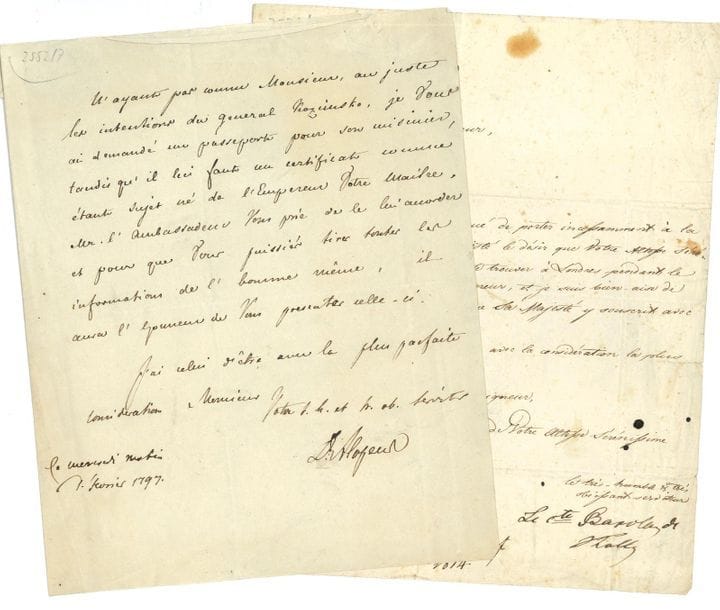 russie. 16 L.S. ou P.S., dont 6 L.A.S., 1797-1864 ; la plupart en français, quelques-unes en russe ou allemand.

David Alopeus (1797), Michel Barclay de Tolly (au duc de Weimar, Paris mai 1814), Levin August von Bennigsen (Banteln 1826), Alexandre Czernitscheff (Saint-Pétersbourg 1841), Alexandre Kourakin (Paris 1818, sur les objets achetés pour son installation à Paris), Charles-Robert comte Nesselrode (2), Ernst von Pfuel (Berlin 1864), Charles-André Pozzo di Borgo (Londres 1835), Nicolas comte de Romanzoff (1811, sur la naissance du Roi de Rome), Friedrich Karl baron von Tettenborn (Hambourg 1813), amiral Pavel Tchitschagoff (à Pozzo di Borgo), Karl Toll (1831), général Nicolas Toutschkoff (Czervin 1807), Nicolas prince Volkonsky (au comte de la Moussaye, Saint-Petersbourg 1816), Ferdinand von Wintzingerode (Lemberg 1811)0.