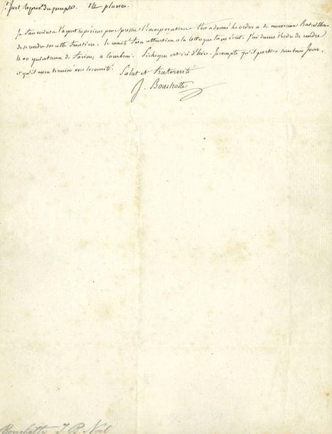 [Louis-Antoine SAINT-JUST (1767-1794)]. L.A.S. du ministre de la Guerre Jean-Baptiste Bouchotte (1754-1840), 14 pluviôse [II] (2 février 1794), au Citoyen Saint-Just, " Representant du Peuple près l'Armée du Nord " ; quart de page in-4, adresse avec marques postales Mre de la guerre et Armée du Nord, et cachet de cire rouge du Ministère de la Guerre.

" Je fais ecrire a l'agent supérieur pour presser l'incorporation. L'on a donné les ordres à de nouveaux Bataillons de se rendre sur cette frontiere. Le comité fera attention à la lettre que tu as écrit. J'ai donné l'ordre de rendre 400 quintaux de farine, à Cambrai. Pichegru est ici d'hier. Je compte qu'il partira sous trois jour, et qu'il aura terminé avec le comité "...