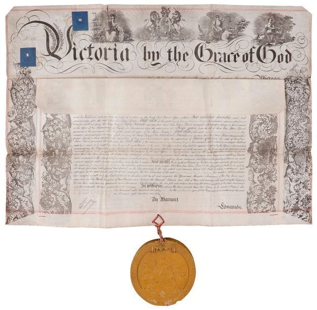 VICTORIA (1819-1901) Reine de Grande-Bretagne. Lettres patentes avec son grand sceau, 26 février 1855 ; 2 vélins in-plano en partie impr., grandes bordures décoratives ornées d'emblèmes du royaume et de feuilles d'acanthe, liés par une cordelette rouge et beige avec grand sceau de cire jaune pendant sur cordelette (Ø 16 cm), boitier en fer blanc.

Lettres patentes et brevet en faveur d'Auguste Édouard Loradoux Bellford, de Londres, inventeur d'améliorations dans la manufacture de soude. Grand sceau représentant sur une face Victoria en majesté sur son trône, et sur l'autre à cheval, avec la devise : Victoria Dei gratia Britanniarum Regina Fidei Defensor.