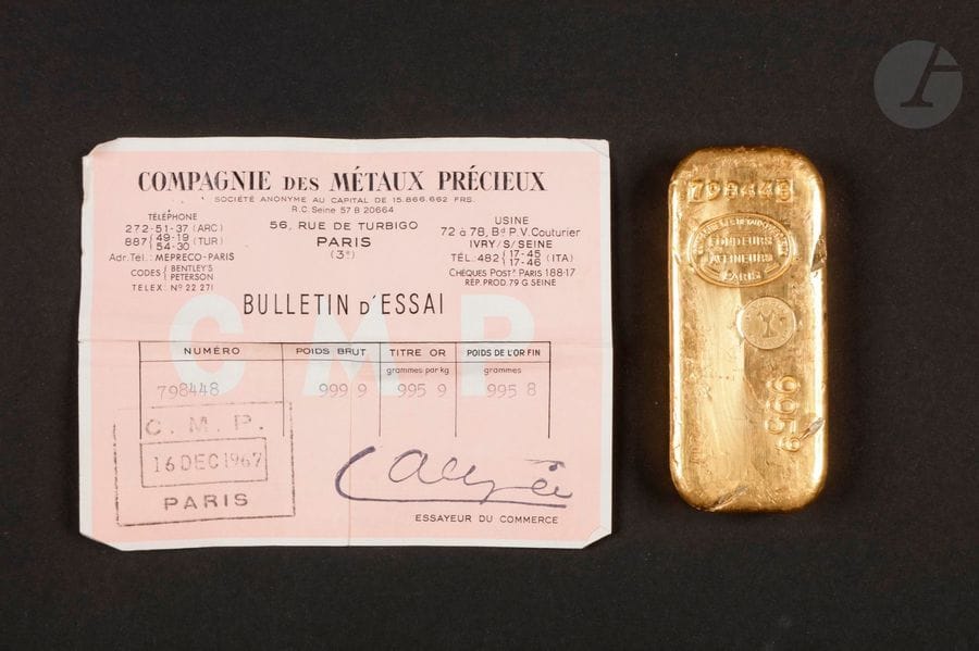 1 Lingot d'or (995.9) N° 798448, avec certificat.
Poids: 999,9 g