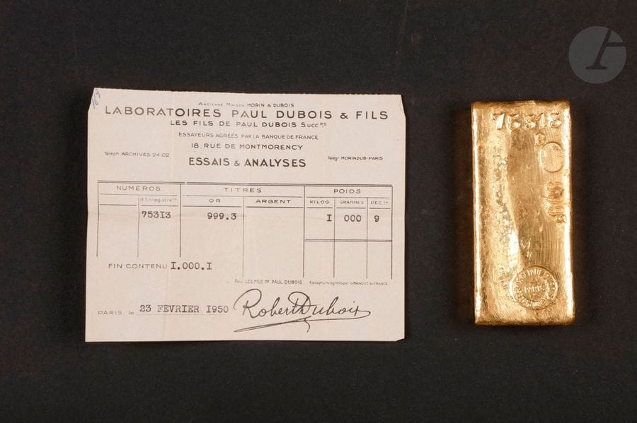 1 Lingot d'or (999.3) N° 75313, avec certificat.
Poids: 1 Kg
