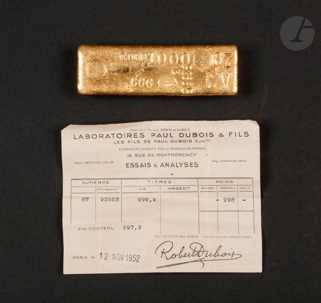1 Lingot d'or (999.9) N° 92665, avec certificat.
Poids: 998 g