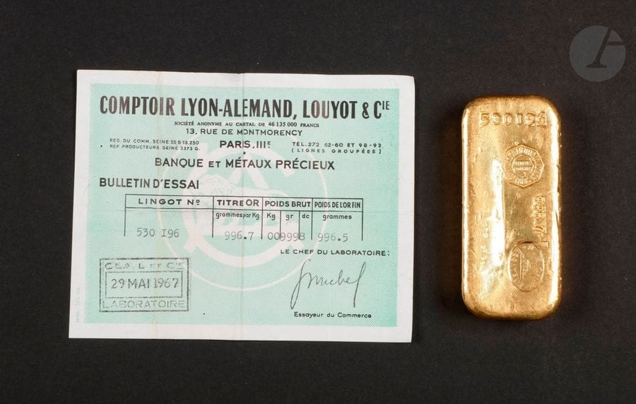 1 Lingot d'or (996,7) N° 530196, avec certificat.
Poids: 999,8 g