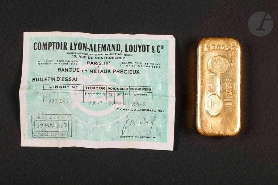 1 Lingot d'or (996.7) N° 530195, avec certificat.
Poids: 999,8 g