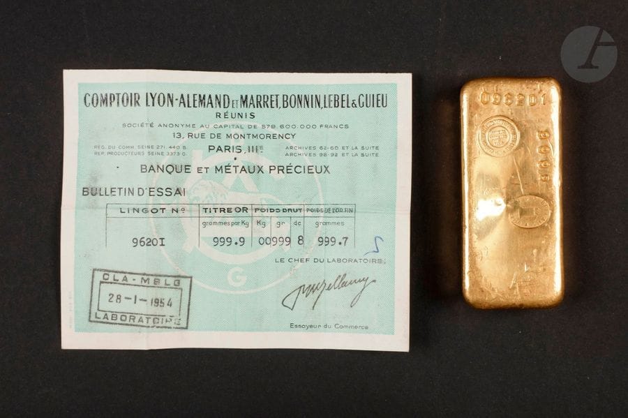 1 Lingot d'or (999,9) N° 096201, avec certificat.
Poids: 999,8 g
