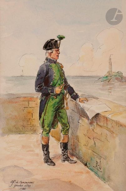 René Louis CHRETIEN (1867-1942)

- Artillery 1765-1767. Minor Gunner

- Company of artillery worker 1786, worker in small outfit and officer in large outfit

- Gunner and artillery drummer, 1774

- Gunnery Officer, Coast Guard 1786

- Lieutenant of a minor sapper, 1765

- Carriage driver and artillery storekeeper 1777

24 x 18cm

Suite of 6 watercolours and gouaches. Named and monogrammed at the bottom left and/or right. Beautifully framed under glass, gilded wooden frames.