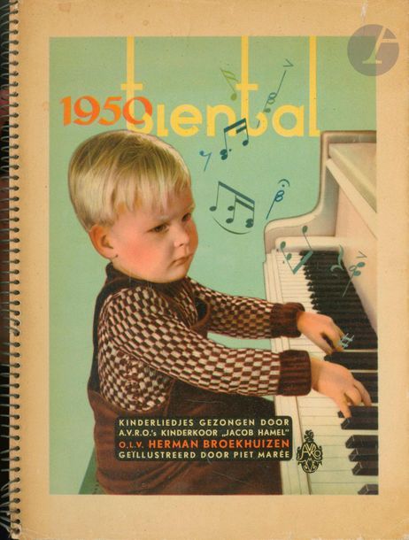 MARÉE, PIET
Tiental 1950.
Kinderliedjes gezongen door A.V.R.O. kinderkoor "Jacob Hamel"
o.l.v. Herman Broekhuizen
geïllustreerd door Piet Marée.
In-4 (28 x 20,5 cm). Édition originale, brochée, illustrée de partitions, textes de chansons, photographies et photomontages en noir et blanc. Couverture souple illustrée. Reliure spirale d'éditeur.