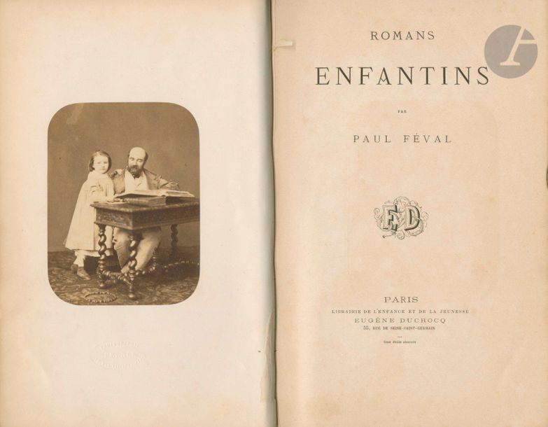 FRANCK (1816-1906)
FÉVAL, PAUL (1816-1887)
Romans enfantins.
Eugène Ducrocq, Paris, [1862].
In-8 (27 x 17 cm). Édition originale, ornée de 14 eaux-fortes de Léopold Flameng. 324 pp. Photographie originale de Paul Féval et sa fille en frontispice par Franck, photographe, avec son cachet à froid sous la photographie. Reliure d'éditeur à 4 nerfs avec titre doré au dos ; quelques rousseurs.