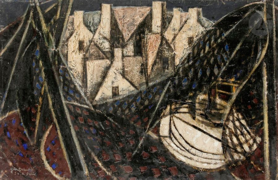 Jun DOBASHI [japonais] (1910-1975)
Paysage, 1954
Huile sur toile.
Signée et datée en bas à gauche.
(Manques).
60 x 92 cm