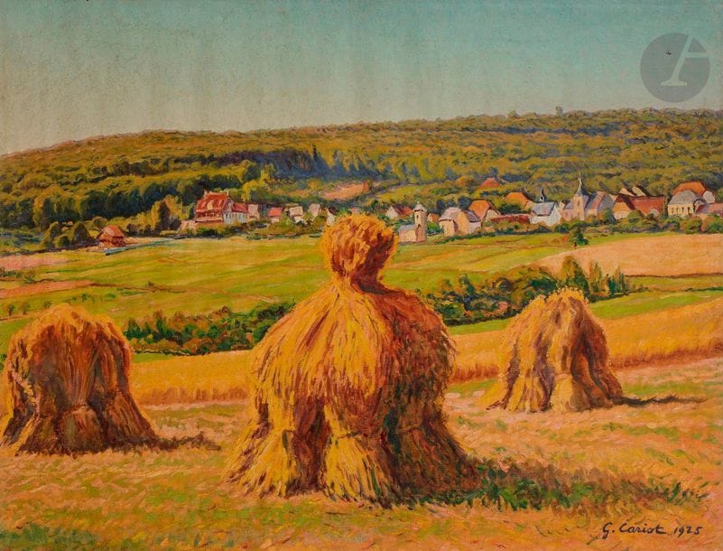 Gustave-Gaston CARIOT (1872-1950)
Gerbes en meules, 1925
Huile sur toile.
Signée et datée en bas à droite.
(Petit trou).
49 x 65 cm