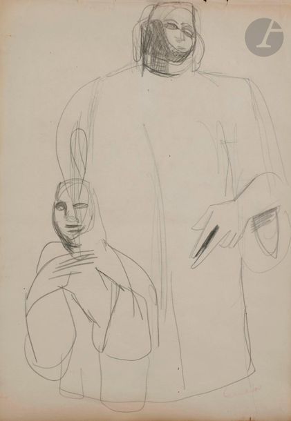 Jean MESSAGIER (1920-1999)
Etude de personnages d'après Tino di Cameino, vers 1947
Mine de plomb.
Annoté "Cameino" en bas à droite
34 x 23.5 cm
