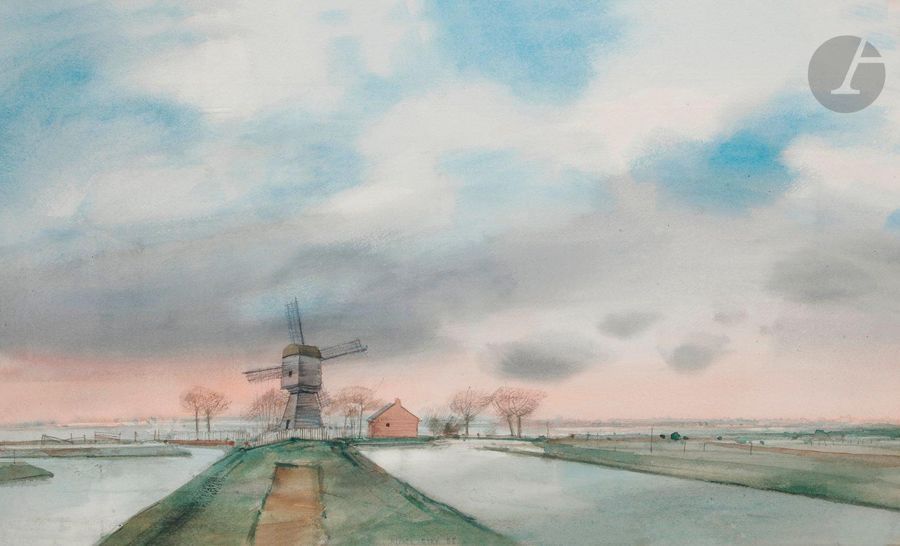 Michel CIRY (né en 1919)
Souvenir de Hollande, 1986
Aquarelle.
Signée et datée en pied.
33 x 53 cm

Provenance : 
Galerie Paul Vallotton, Lausanne (étiquette au dos du montage).