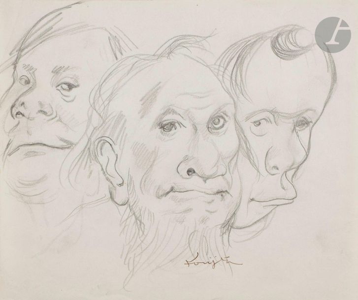 Léonard-Tsuguharu FOUJITA (1886 - 1968)
Visages de grotesques
Mine de plomb.
Signé à l'encre en bas à vers la droite.
16,6 x 20 cm

Provenance : 
Vente Maître Cornette de Saint-Cyr, Succession Kimiyo Foujita, Paris, 29 octobre 2013.