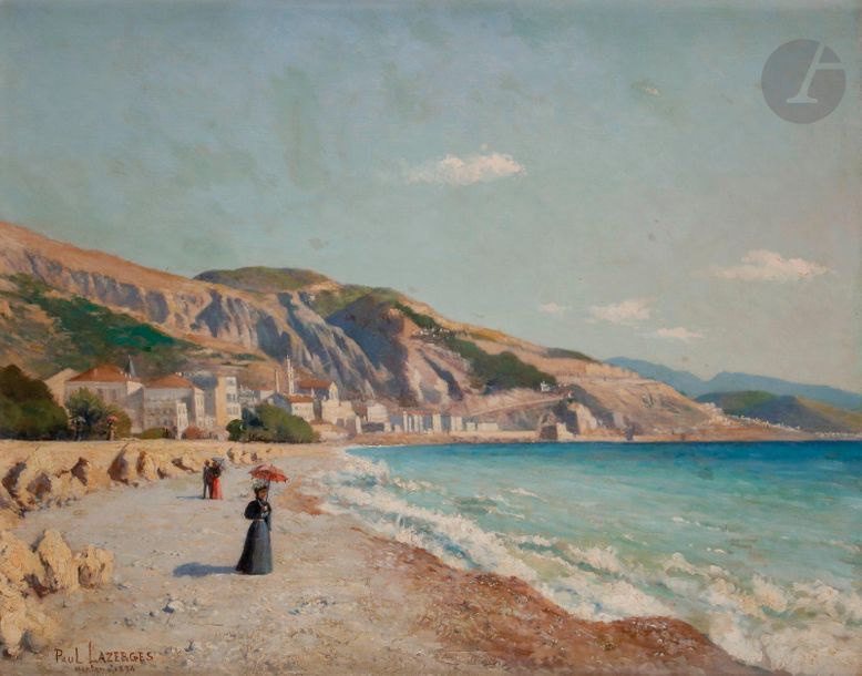 Paul LAZERGES (1845-1902)
Menton, bord de mer animé, 1894
Huile sur toile.
Signée, datée et située en bas à gauche.
66 x 81 cm