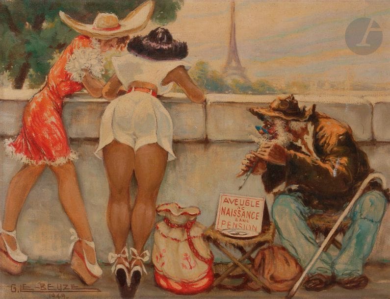 Gaston LE BEUZE (XXe siècle)
L'Aveugle, 1949
Huile sur toile.
Signée et datée en bas à gauche.
Tampon de l'artiste au dos.
27 x 35 cm