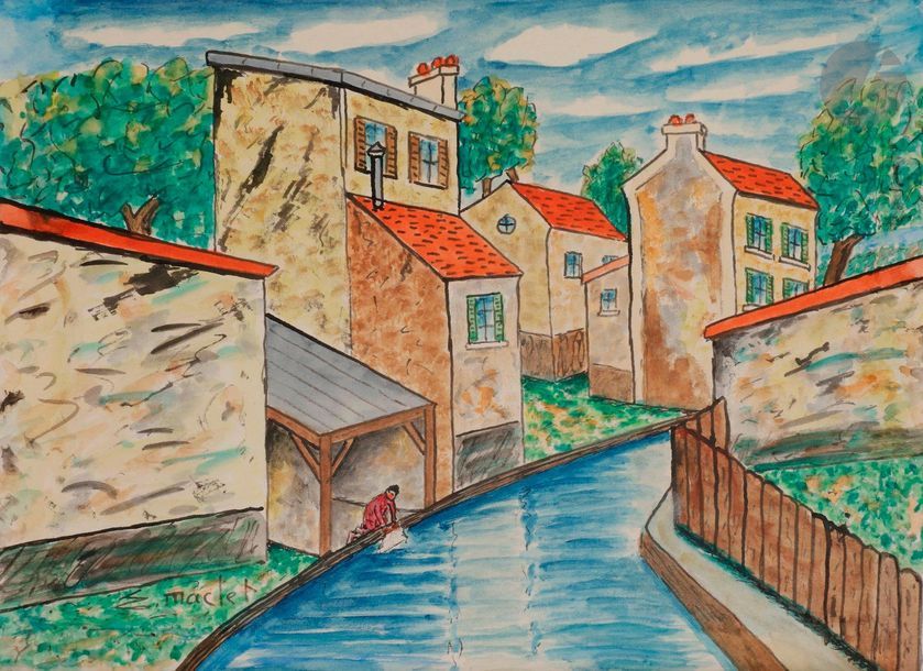 Elisée MACLET (1881-1962)Le LavoirInk and watercolour.
 Signed lower
 left.

 24

 x 32 cm-

 Provenance

:

 Sale Master Ionesco, October 30, 1990, n° 212T

.