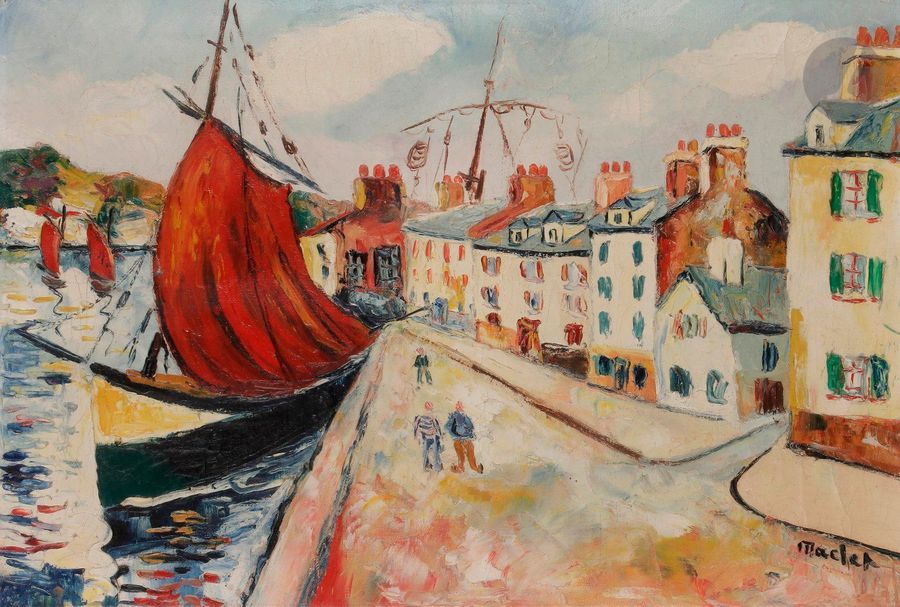 Elisée MACLET (1881-1962)
Port de Bretagne, vers 1922
Huile sur toile.
Signée en bas à droite.
38 x 55 cm
- Commentaire : 
Un certificat de Madame J.Cottel, en date du 26 février 1992, sera remis à l'acquéreur.