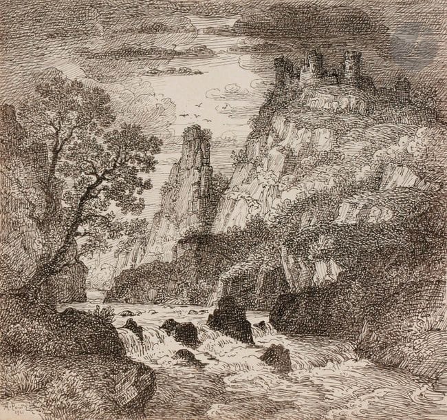 Armand POINT (1860 - 1932)
Paysage fantastique (château de Rochegude, Drôme), 1921
Plume et encre.
Non signée.
20 x 21 cm